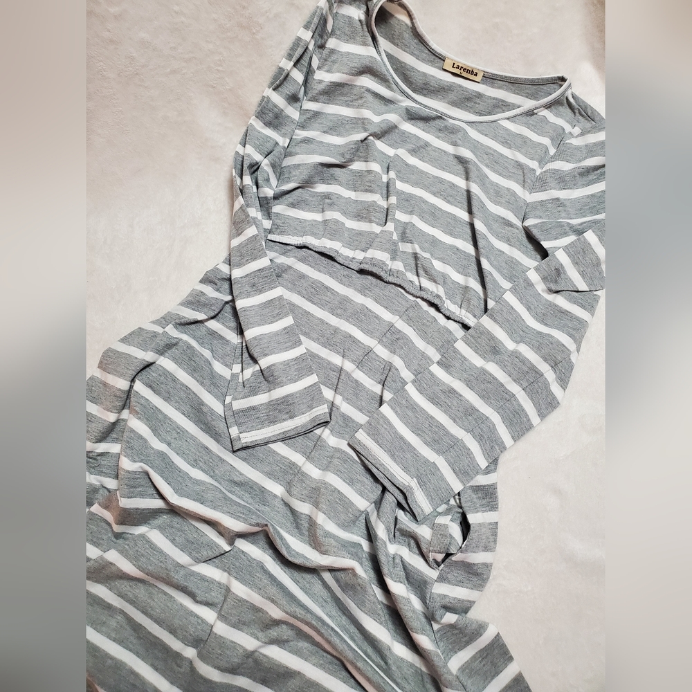 Long Sleeve Gray & White Stripe Nursing Dress